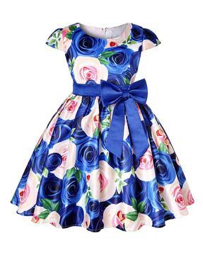 Girls Floral print A-Line Dress with Bow Accent