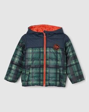 Boys Checked Zip-Front Hooded Puffer Jacket