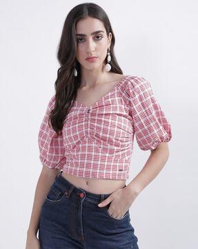 women-checked-regular-fit-ruched-top
