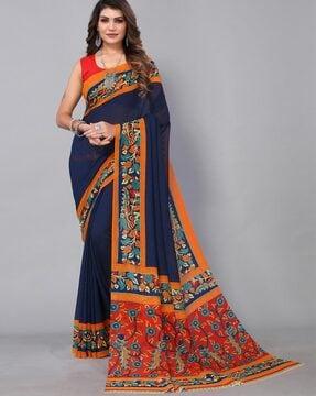 Women Saree with Contrast Floral Print Border