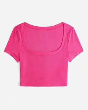 Women Ribbed Fitted Square-Neck Top