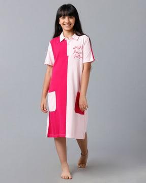 Girls Colourblock Shirt Dress with Patch Pockets