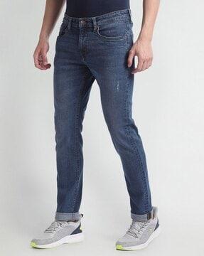 Men Lightly Washed Distressed Slim Fit Jeans