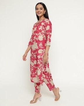 Women Floral Print Straight Kurta Suit Set