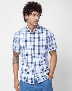 Men Regular Fit Checked Spread-Collar Shirt