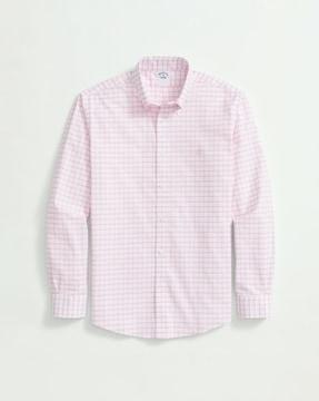 Windowpane Non-Iron Oxford Polo Button-Down Collar Shirt