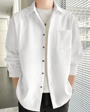 Waffles Pattern Loose Fit Shirt with Patch Pocket
