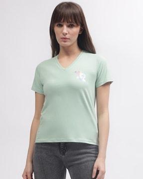 Regular Fit V-Neck T-Shirt with Brand Print