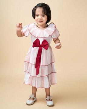 Girls Round-Neck Tiered Dress with Bow Accent