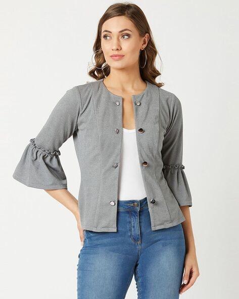 Textured Open-Front Jacket with Ruffled Sleeves