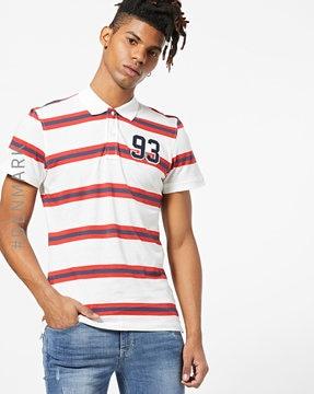Striped Cotton Polo T-shirt with Numeric Applique