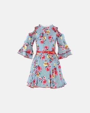 Floral Print Fit and Flare Dress with Layered Bell Sleeves