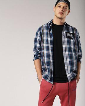 S-EAST Checked Boxy Fit Shirt with Contrast Drawstring