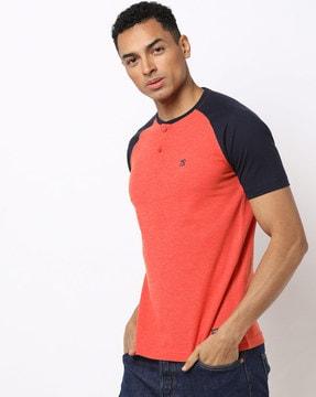 Henley T-shirt with Contrast Raglan Sleeves
