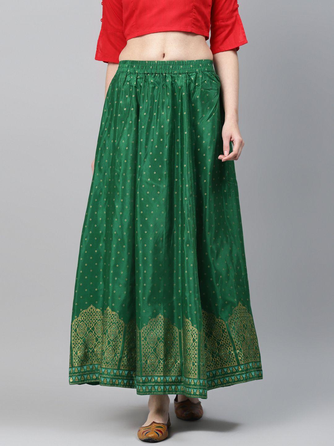 AURELIA Green & Golden Printed Flared Skirt