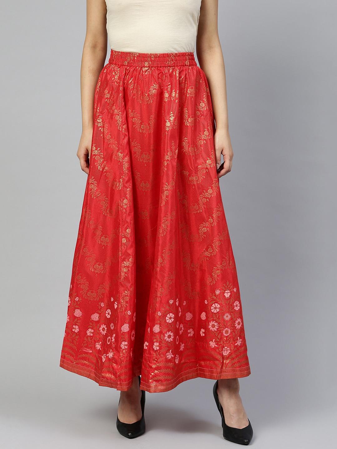 AURELIA Women Red & Golden Printed Flared Maxi Skirt