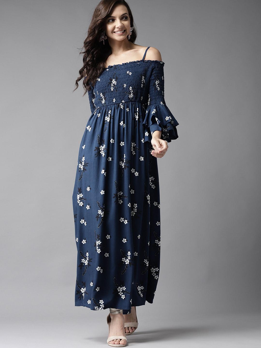 HERE&NOW Navy Blue & White Floral Printed Off-Shoulder Maxi Dress