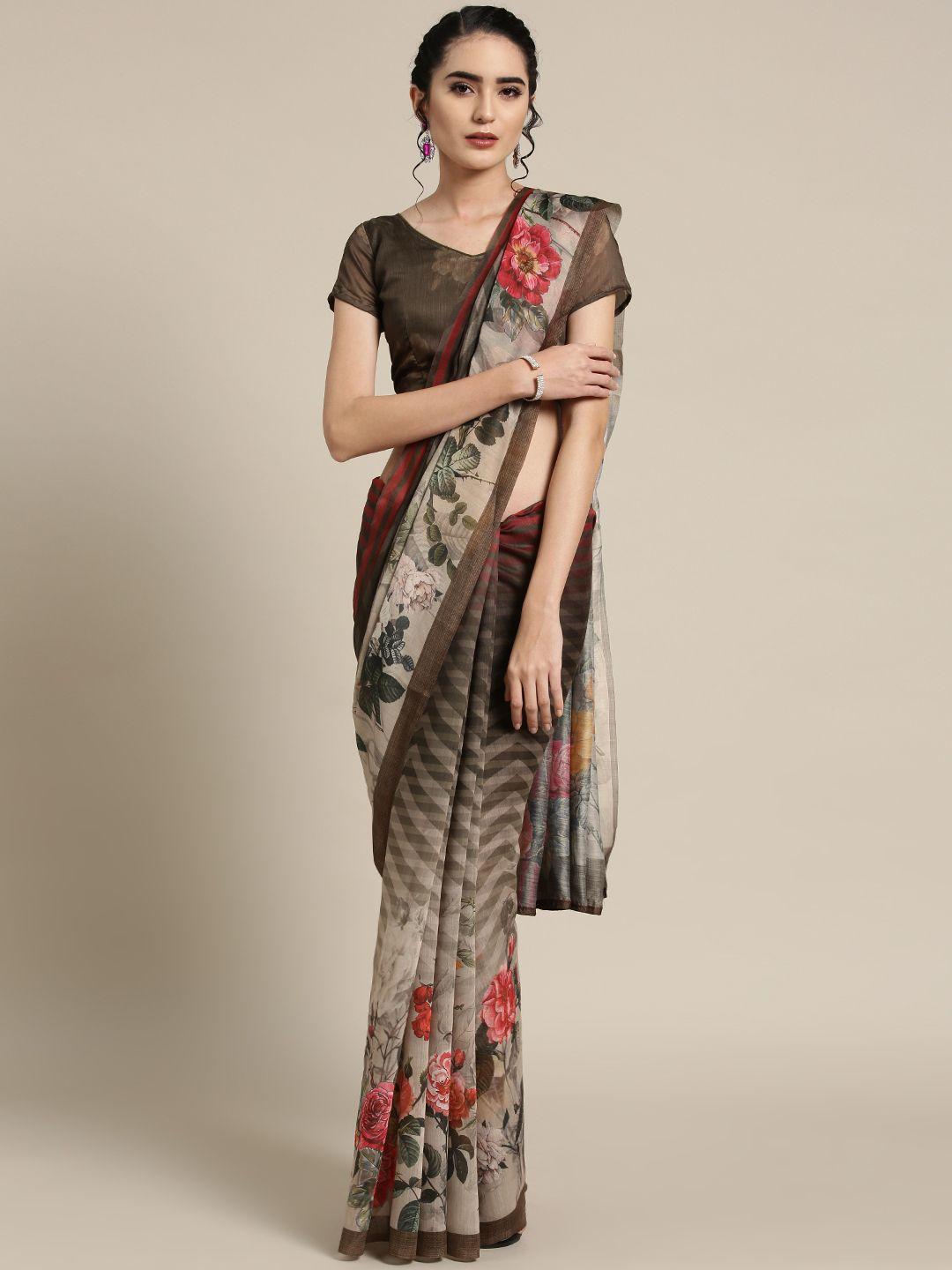 saree-mall-brown-&-beige-floral-print-saree