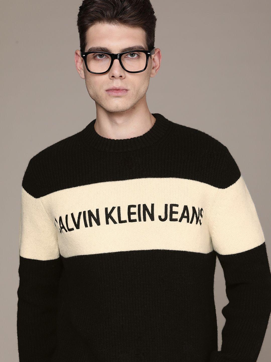 calvin-klein-jeans-men-black-&-beige-logo-printed-woollen-pullover