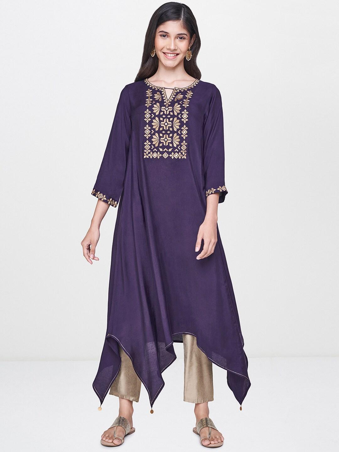 Global Desi Women Purple Solid Asymmetric A-Line Kurta