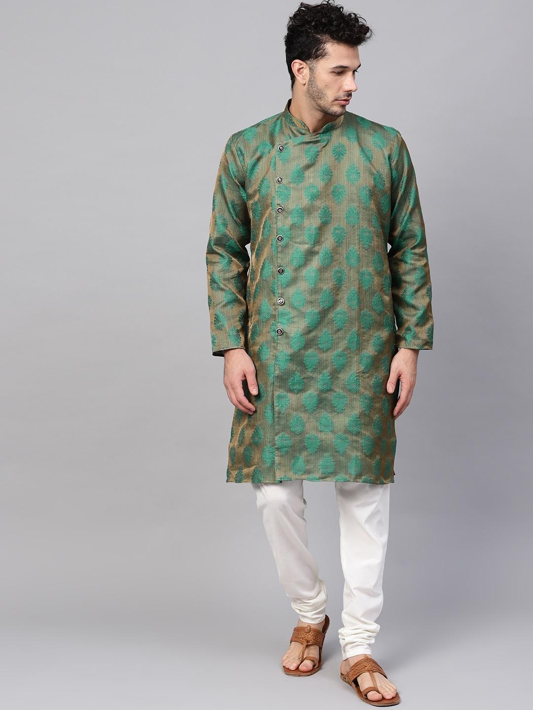 sojanya-men-green-&-off-white-self-design-kurta-with-churidar