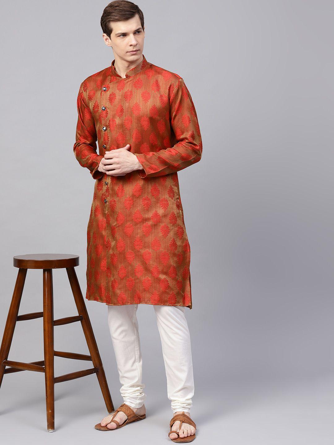 sojanya-men-red-&-golden-jacquard-woven-design-kurta-with-churidar