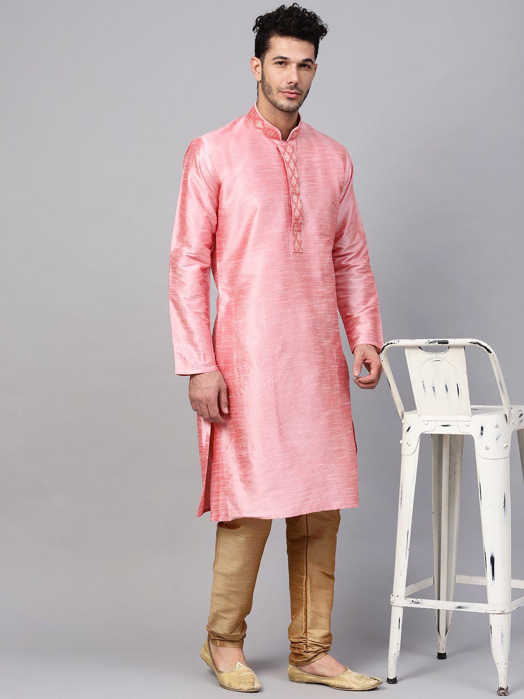 sojanya-men-pink-&-golden-solid-straight-kurta-with-churidar