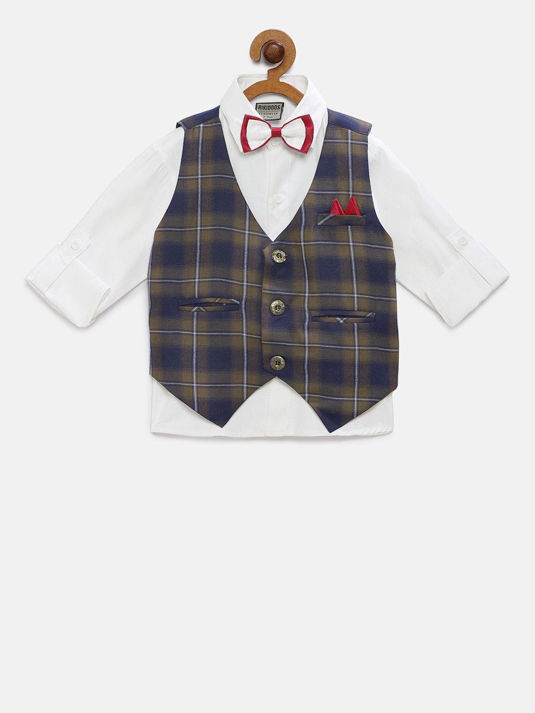 RIKIDOOS Boys White & Navy Blue Regular Fit Solid Casual Shirt with Waistcoat & Tie