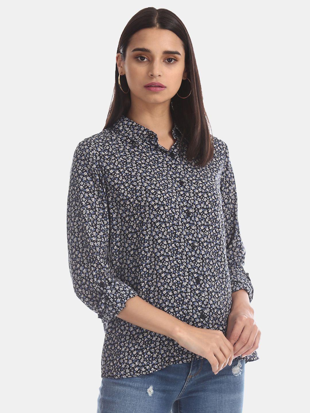 U.S. Polo Assn. Women Black & Grey Regular Fit Micro Floral Printed Casual Shirt