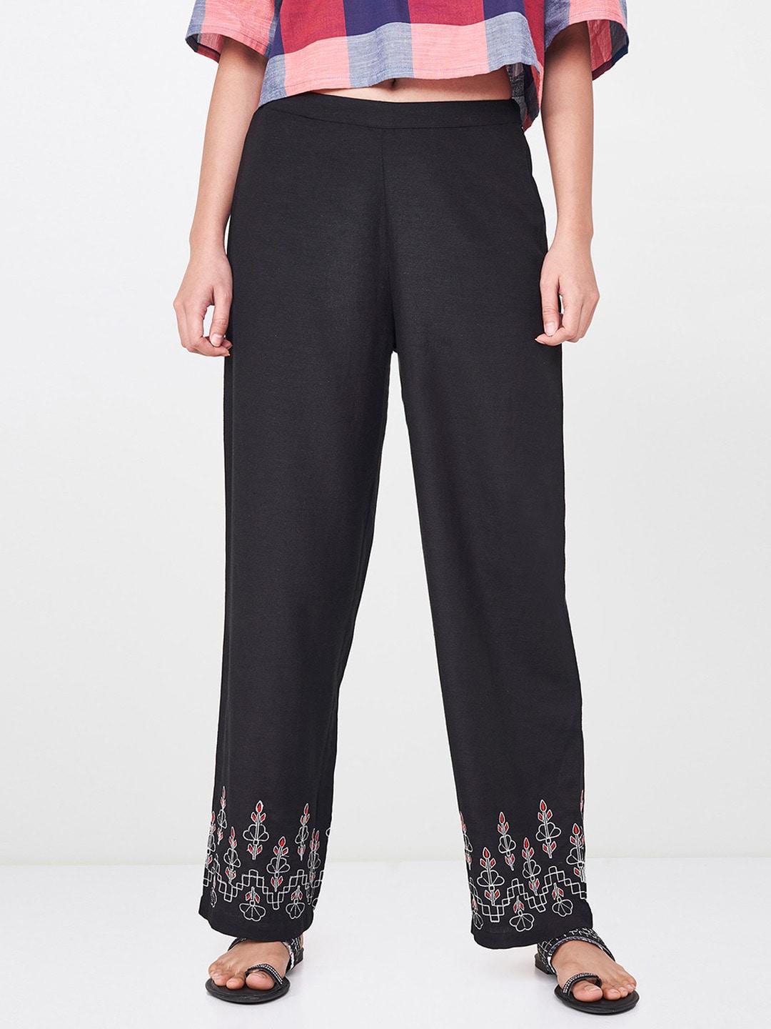 Global Desi Women Black Regular Fit Embroidered Parallel Trousers