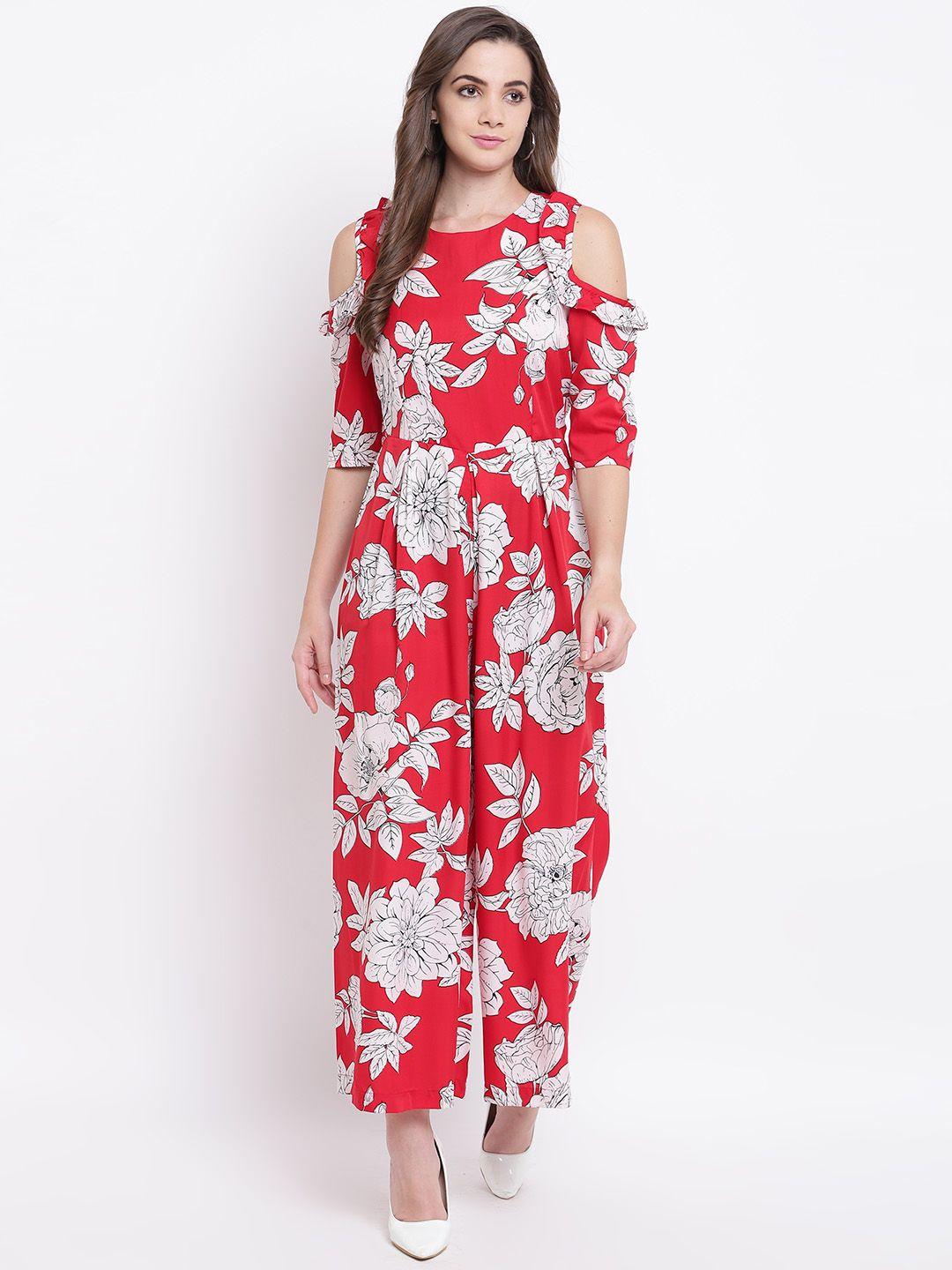 deewa-women-red-&-off-white-printed-cold-shoulder-basic-jumpsuit