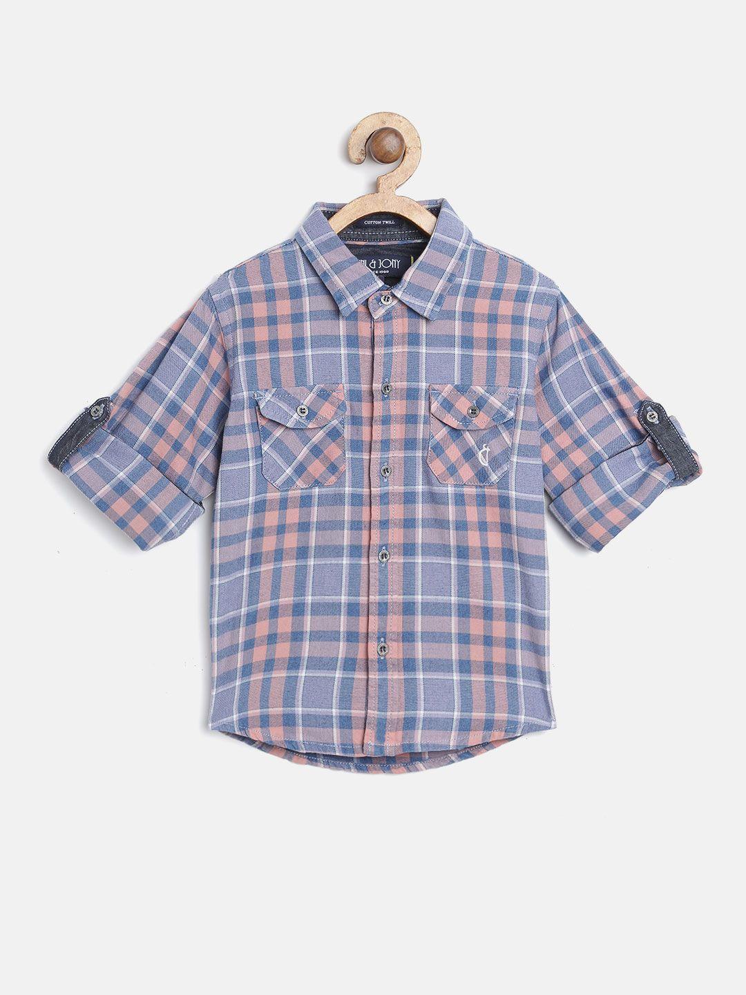 Gini and Jony Boys Blue & Peach-Coloured Regular Fit Checked Casual Shirt