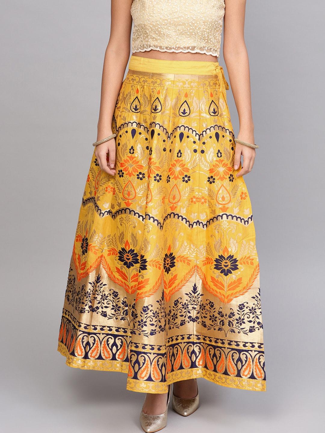 Varanga Women Mustard Yellow & Navy Blue Woven Design Flared Maxi Skirt