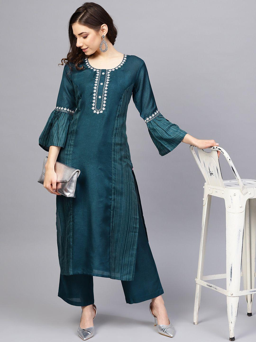 varanga-women-teal-blue-&-off-white-woven-design-kurta-with-palazzos