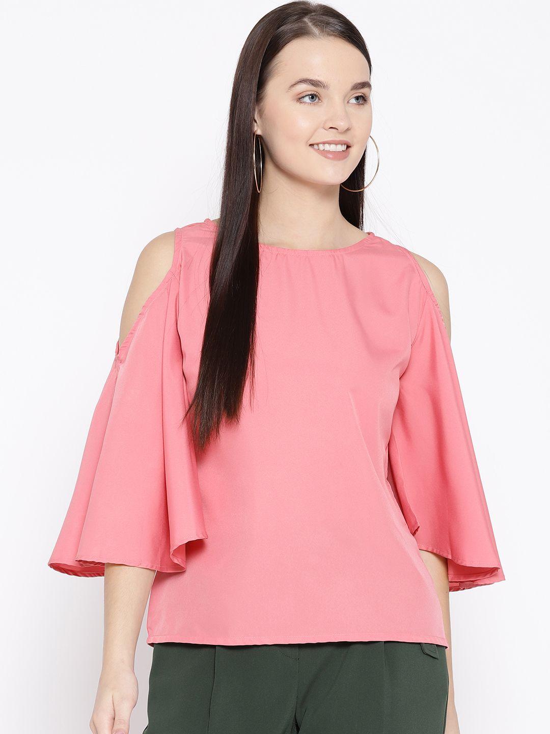 one-femme-women-pink-solid-cold-shoulder-top