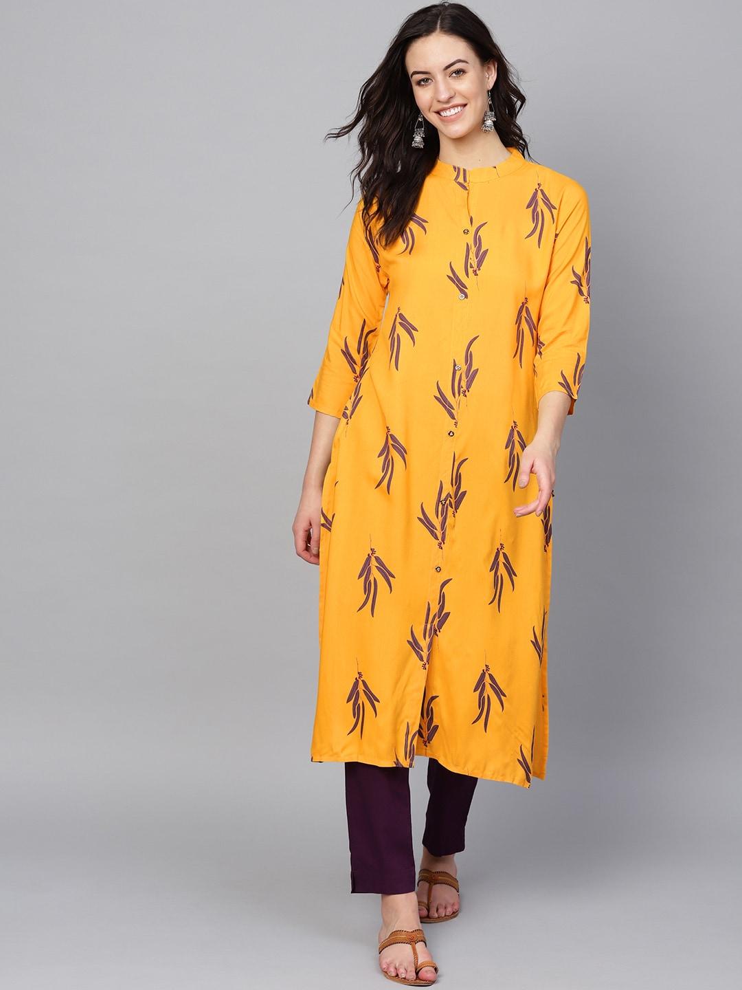 KSUT Women Mustard Yellow & Purple Floral Print Straight Kurta