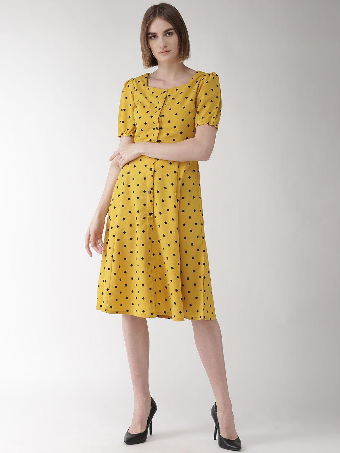 pluss-women-mustard-yellow-&-black-polka-dot-printed-fit-&-flare-dress