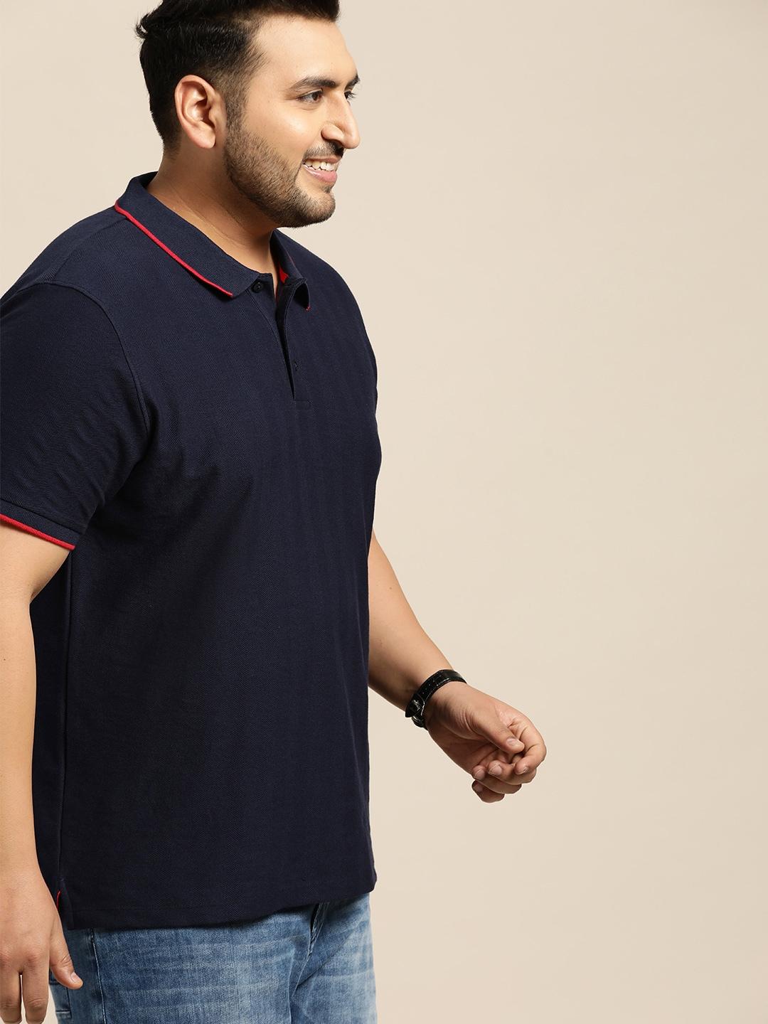 Sztori Plus Size Men Navy Blue Self Design Polo Collar T-shirt