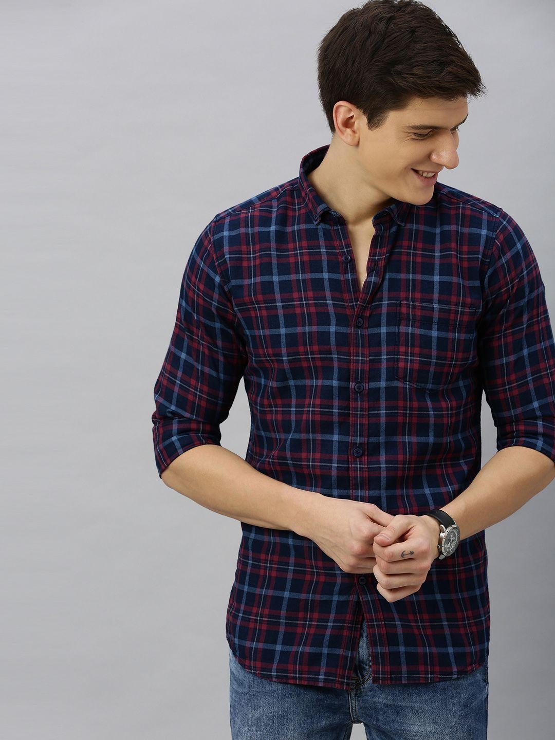 Mast & Harbour Men Navy Blue & Red Checked Casual Sustainable Shirt