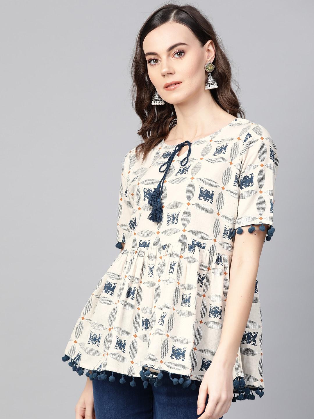 Azira Women Off-White & Navy Printed A-Line Top