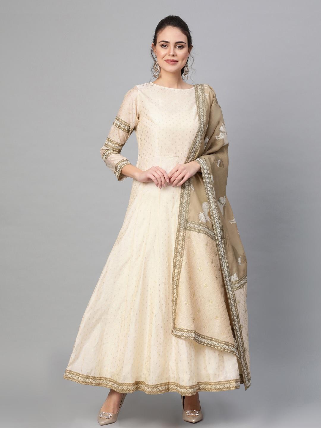 Ahalyaa Women Cream-Coloured Golden Printed Anarkali Dress with Dupatta
