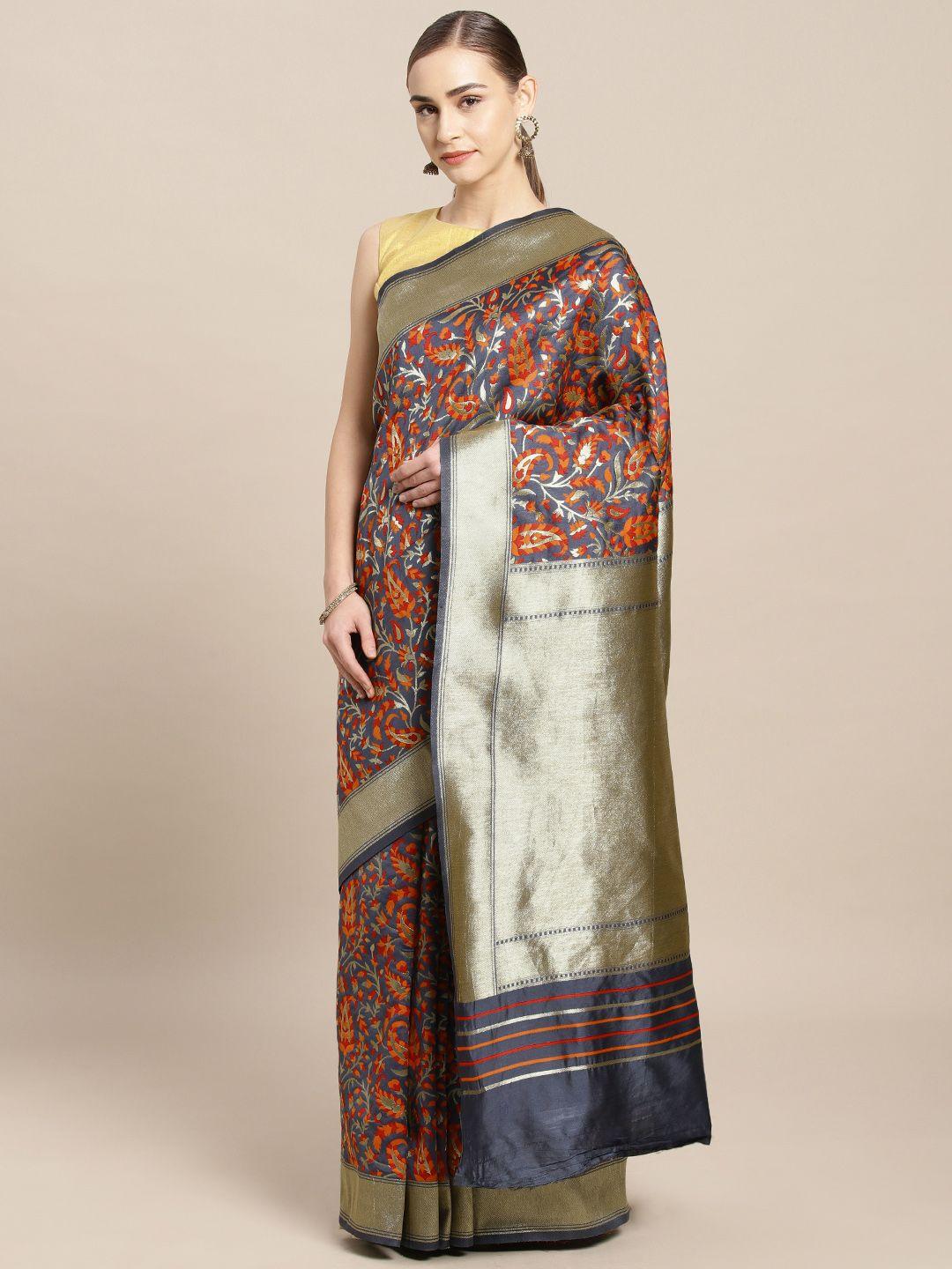 Mitera Grey & Orange Silk Blend Woven Design Kanjeevaram Saree