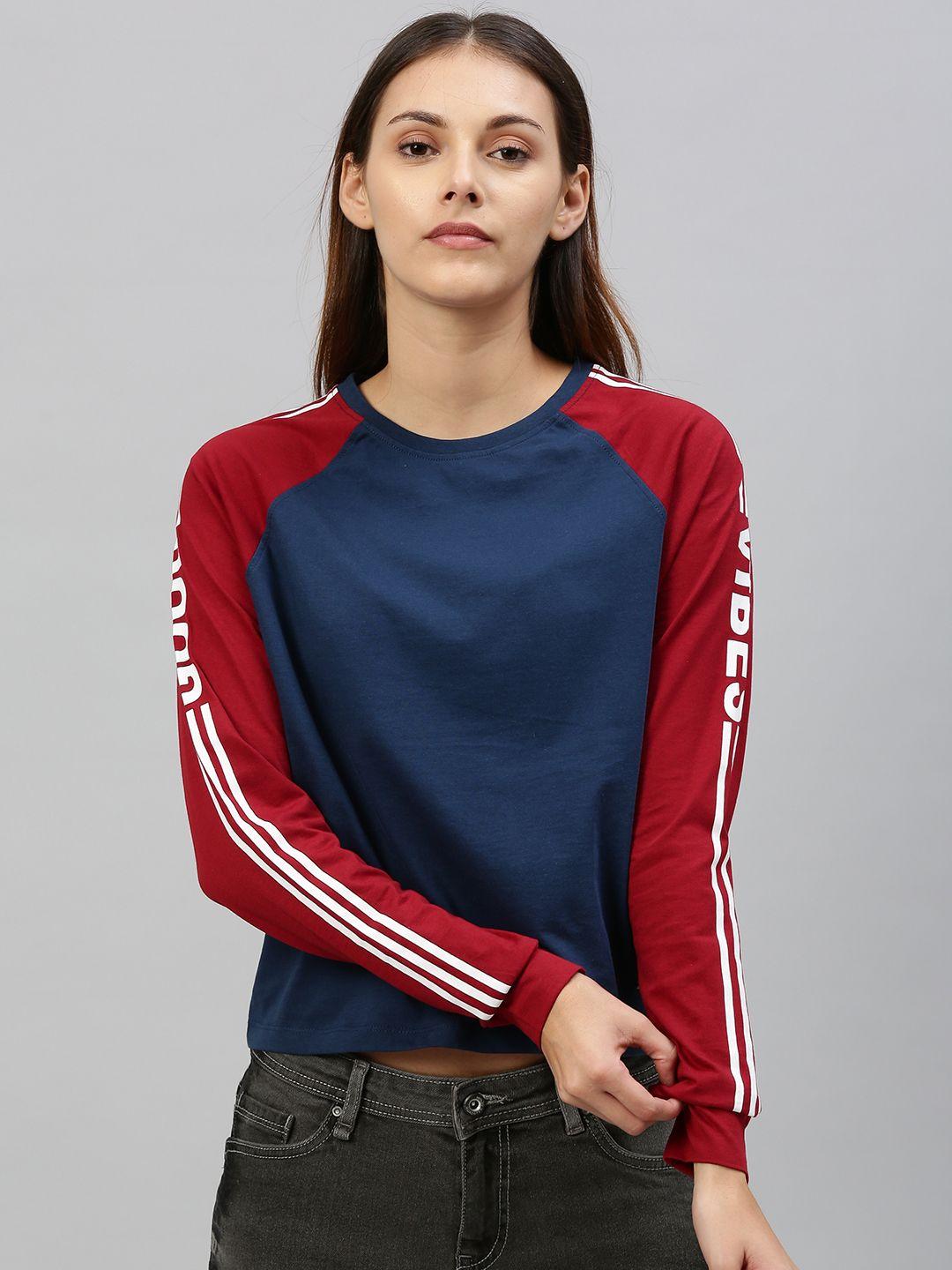 the-roadster-lifestyle-co-women-navy-blue-solid--round-neck-top-with-contrast-raglan-sleeves