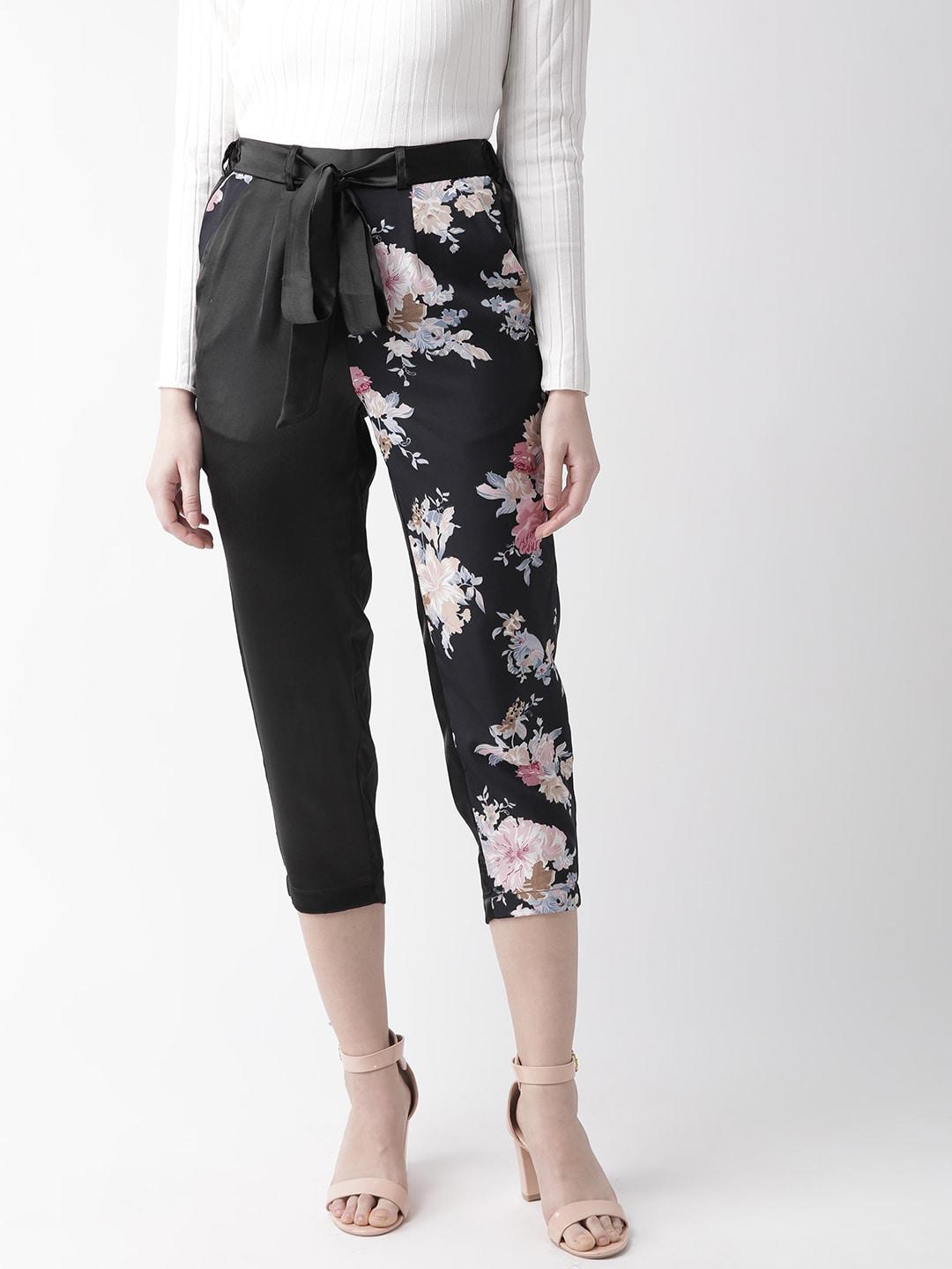mish-women-black-&-beige-comfort-regular-fit-printed-3/4th-regular-trousers