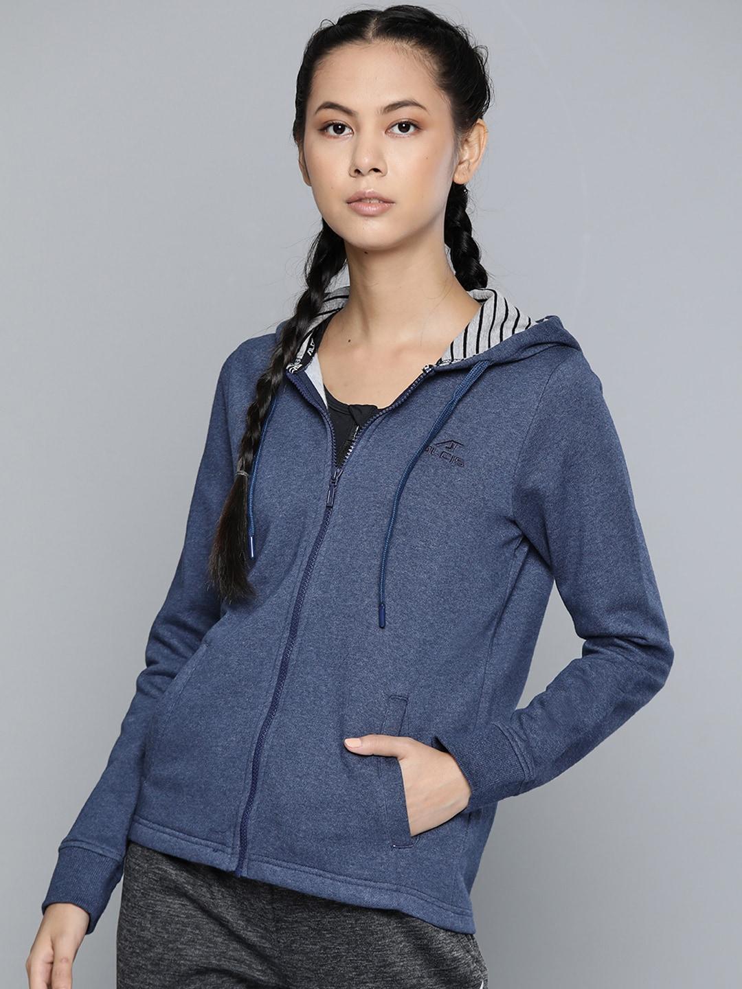 Alcis Women Navy Blue Solid Melange Effect Hooded Sweatshirt