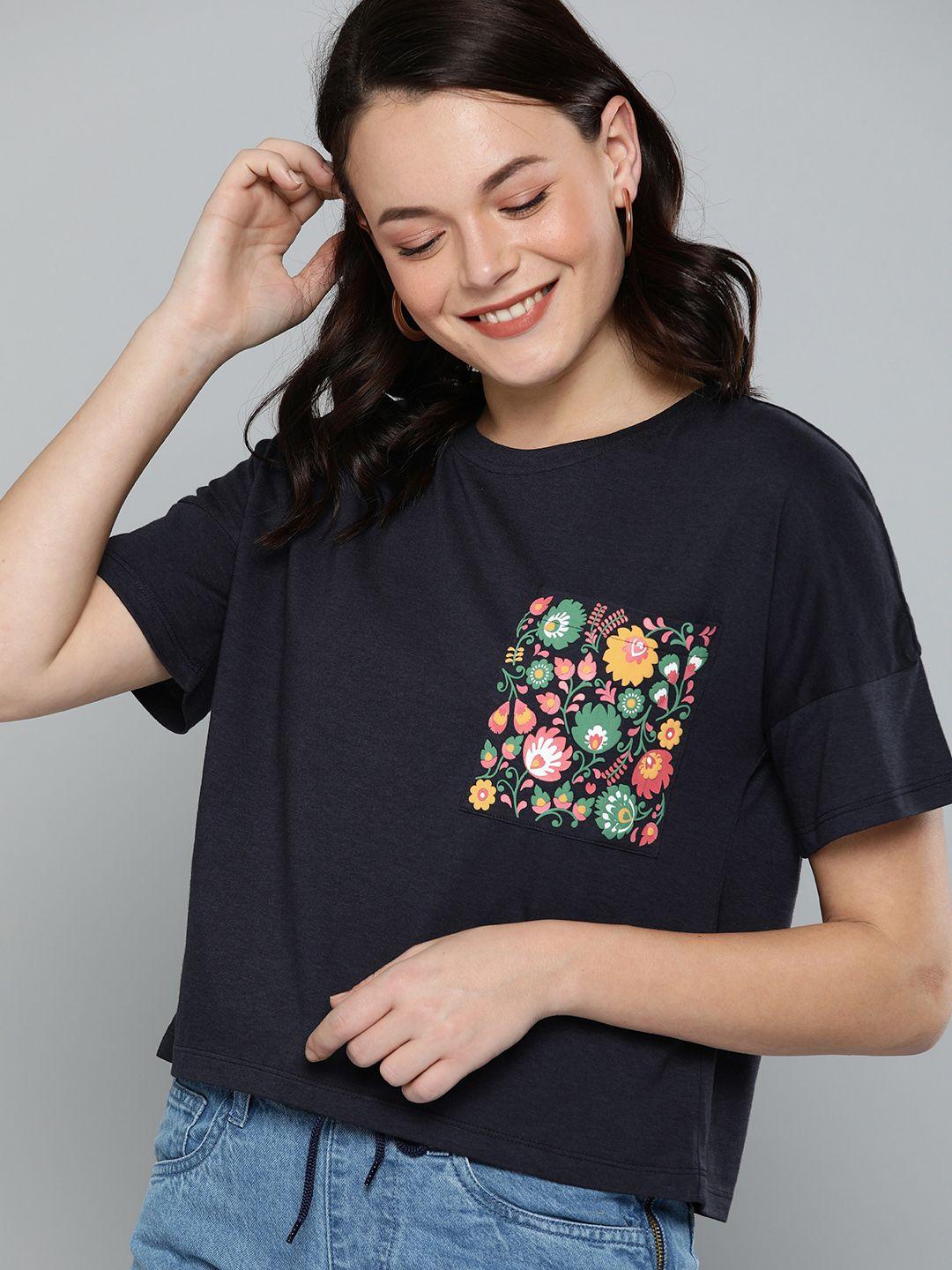 Mast & Harbour Women Navy Blue Solid Round Neck T-shirt With Printed Details