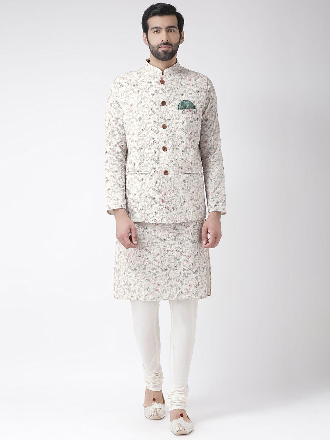 KISAH Men Cream-Coloured Kantha Printed Kurta Churidar Jacket Set