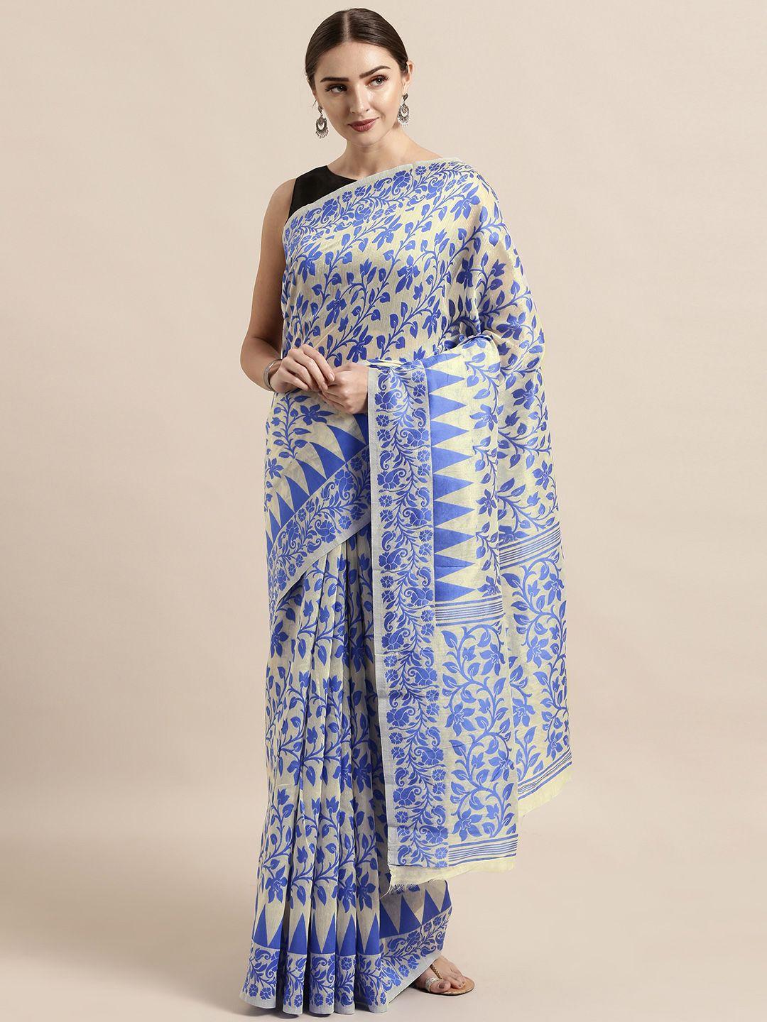 VASTRANAND Cream-Coloured & Blue Silk Cotton Woven Design Jamdani Saree