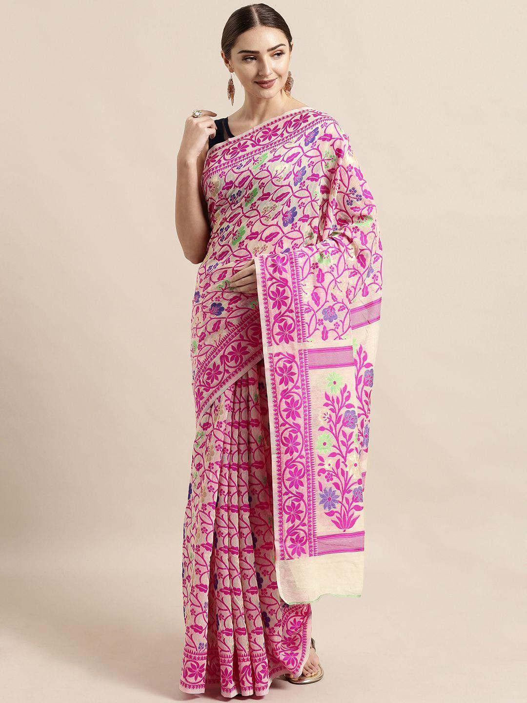 VASTRANAND Cream-Coloured & Pink Silk Cotton Woven Design Jamdani Saree