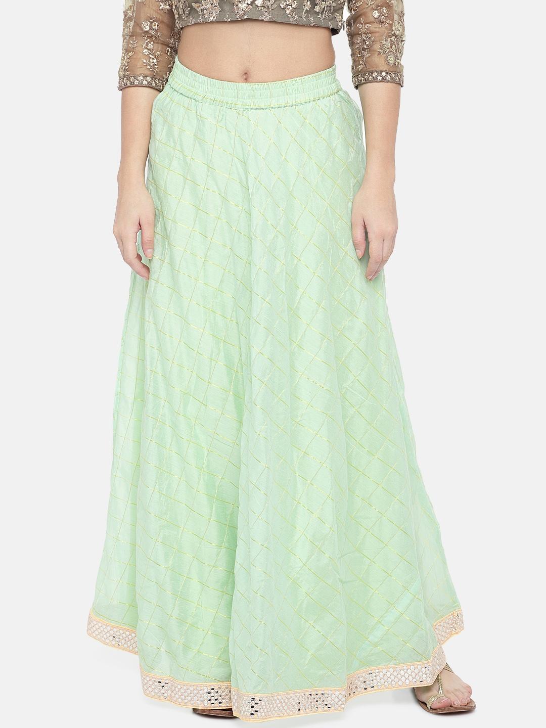 Ethnicity Women Mint Green & Gold-Coloured Checked A-Line Maxi Skirt